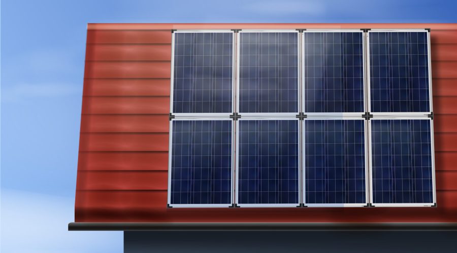 Vector portable solar panels isolated on tiled roof house with cloudy sky